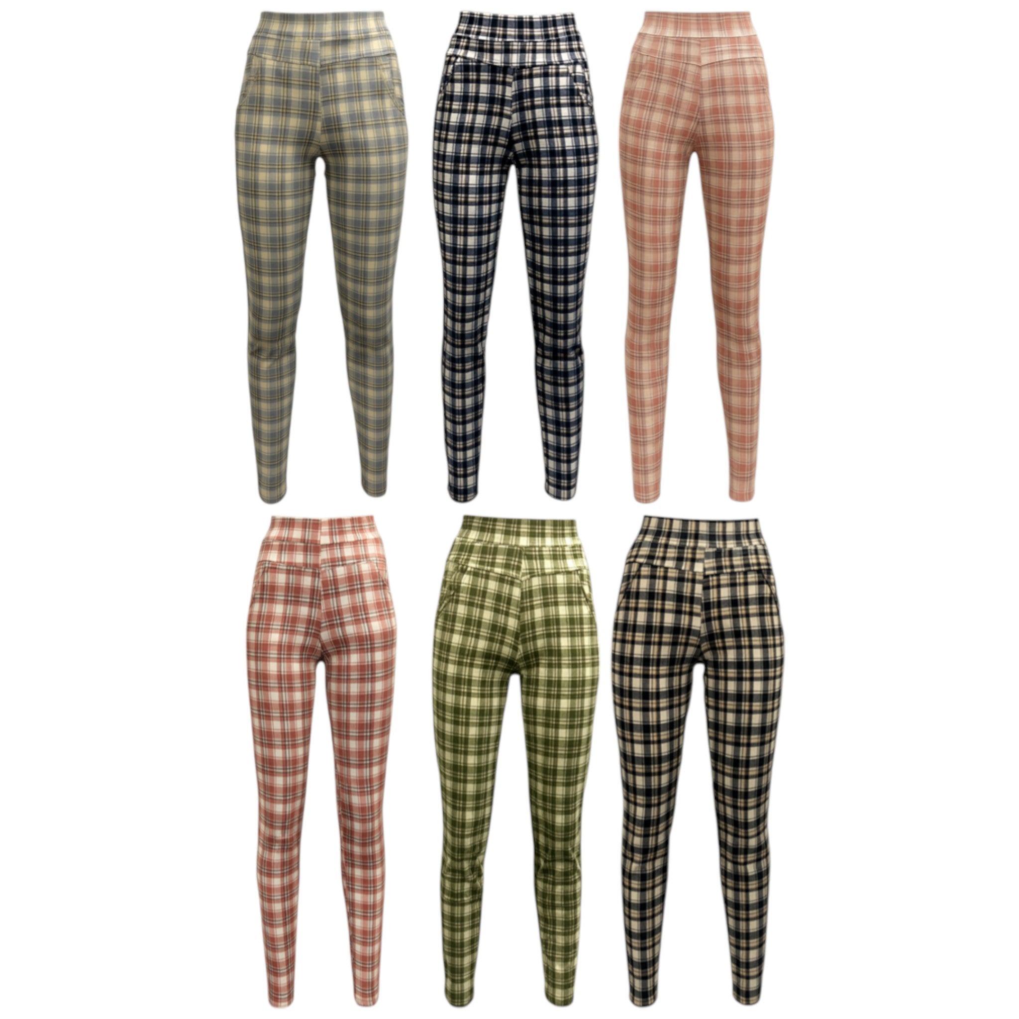 Black, navy, blue, pinl and green Blue check slim stretch treggings for women – high-waisted pull-on trousers